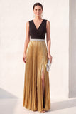 Black Golden A Line Pleated V Neck Long Evening Dress with Slit