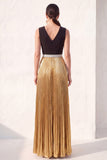 Black Golden A Line Pleated V Neck Long Evening Dress with Slit