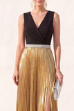 Black Golden A Line Pleated V Neck Long Evening Dress with Slit