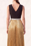 Black Golden A Line Pleated V Neck Long Evening Dress with Slit