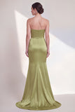 Strapless Green Mermaid Ruched Long Evening Dress