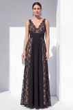 Black Lace A Line V Neck Elegant Long Evening Dress