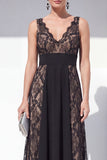 Black Lace A Line V Neck Elegant Long Evening Dress