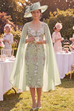 Green Sheath Floral Midi Mother of the Bride Dress with Cape