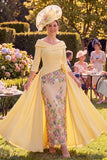 Yellow Floral Sheath Ruched Long Mother of the Bride Dress with Embroidery