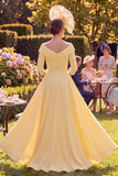 Yellow Floral Sheath Ruched Long Mother of the Bride Dress with Embroidery