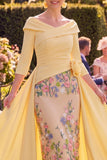 Yellow Floral Sheath Ruched Long Mother of the Bride Dress with Embroidery