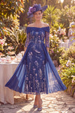 Off the Shoulder Navy A-Line Midi Mother of the Bride Dress with 3/4 Sleeves