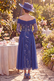 Off the Shoulder Navy A-Line Midi Mother of the Bride Dress with 3/4 Sleeves
