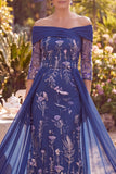 Off the Shoulder Navy A-Line Midi Mother of the Bride Dress with 3/4 Sleeves