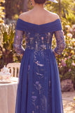 Off the Shoulder Navy A-Line Midi Mother of the Bride Dress with 3/4 Sleeves