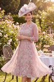 Blush A Line Floral Round Neck Beaded Midi Mother of the Bride Dress