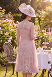 Blush A Line Floral Round Neck Beaded Midi Mother of the Bride Dress