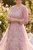 Blush A Line Floral Round Neck Beaded Midi Mother of the Bride Dress