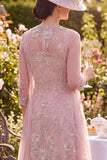 Blush A Line Floral Round Neck Beaded Midi Mother of the Bride Dress