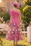 Fuchsia A-Line Floral Long Mother of the Bride Dress with Bow