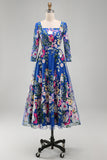 Royal Blue A-Line Floral Midi Mother of the Bride Dress with 3/4 Sleeves