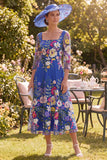 Royal Blue A-Line Floral Midi Mother of the Bride Dress with 3/4 Sleeves