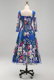 Royal Blue A-Line Floral Midi Mother of the Bride Dress with 3/4 Sleeves