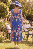 Royal Blue A-Line Floral Midi Mother of the Bride Dress with 3/4 Sleeves