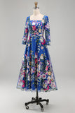 Royal Blue A-Line Floral Midi Mother of the Bride Dress with 3/4 Sleeves