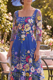 Royal Blue A-Line Floral Midi Mother of the Bride Dress with 3/4 Sleeves
