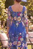Royal Blue A-Line Floral Midi Mother of the Bride Dress with 3/4 Sleeves