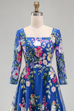 Royal Blue A-Line Floral Midi Mother of the Bride Dress with 3/4 Sleeves