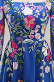 Royal Blue A-Line Floral Midi Mother of the Bride Dress with 3/4 Sleeves