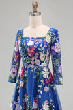 Royal Blue A-Line Floral Midi Mother of the Bride Dress with 3/4 Sleeves