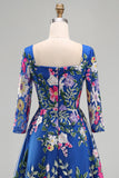 Royal Blue A-Line Floral Midi Mother of the Bride Dress with 3/4 Sleeves