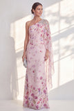 One Shoulder Lilac Chiffon Floral Mermaid Long Mother Of the Bride Dress with Side Cape