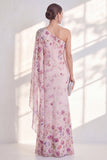 One Shoulder Lilac Chiffon Floral Mermaid Long Mother Of the Bride Dress with Side Cape