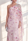 One Shoulder Lilac Chiffon Floral Mermaid Long Mother Of the Bride Dress with Side Cape