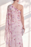 One Shoulder Lilac Chiffon Floral Mermaid Long Mother Of the Bride Dress with Side Cape