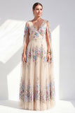 Champagne Floral A-Line Pleated Mother Of the Bride Dress with Cape Sleeves