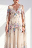 Champagne Floral A-Line Pleated Mother Of the Bride Dress with Cape Sleeves