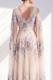 Champagne Floral A-Line Pleated Mother Of the Bride Dress with Cape Sleeves