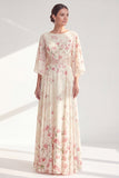 Apricot Floral A-Line Long Chiffon Mother Of the Bride Dress with 3/4 Sleeves