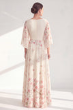 Apricot Floral A-Line Long Chiffon Mother Of the Bride Dress with 3/4 Sleeves