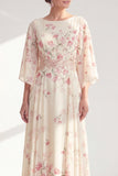 Apricot Floral A-Line Long Chiffon Mother Of the Bride Dress with 3/4 Sleeves