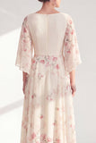 Apricot Floral A-Line Long Chiffon Mother Of the Bride Dress with 3/4 Sleeves
