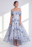 Blue Floral Off the Shoulder A-Line High Low Mother Of the Bride Dress