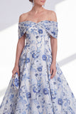 Blue Floral Off the Shoulder A-Line High Low Mother Of the Bride Dress