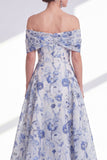 Blue Floral Off the Shoulder A-Line High Low Mother Of the Bride Dress