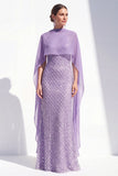 Sparkly Purple Sheath Halter Sequin Long Mother Of the Bride Dress with Cape