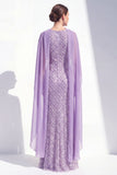 Sparkly Purple Sheath Halter Sequin Long Mother Of the Bride Dress with Cape