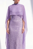 Sparkly Purple Sheath Halter Sequin Long Mother Of the Bride Dress with Cape