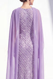 Sparkly Purple Sheath Halter Sequin Long Mother Of the Bride Dress with Cape