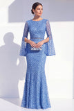 Sparkly Blue Mermaid Sequin Long Mother Of the Bride Dress with Cape Sleeves